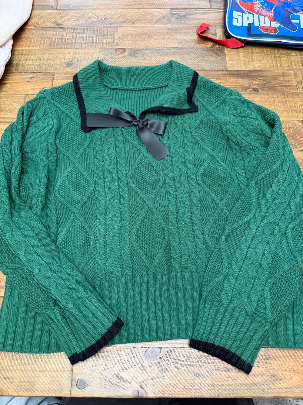 Green Cable Knit Sweater with Bow Trim